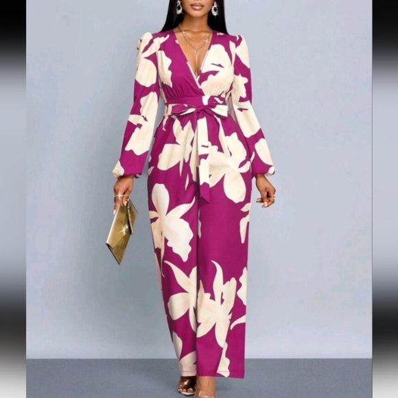 For Everyday Wear Elegant Allover Print Lantern Sleeve Wide Leg Jumpsui - Picture 3 of 6